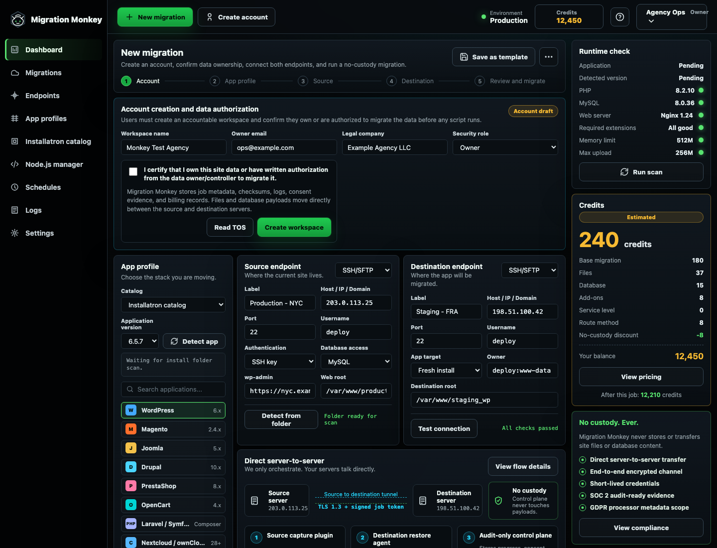 Migration Monkey workspace creation and data authorization screen
