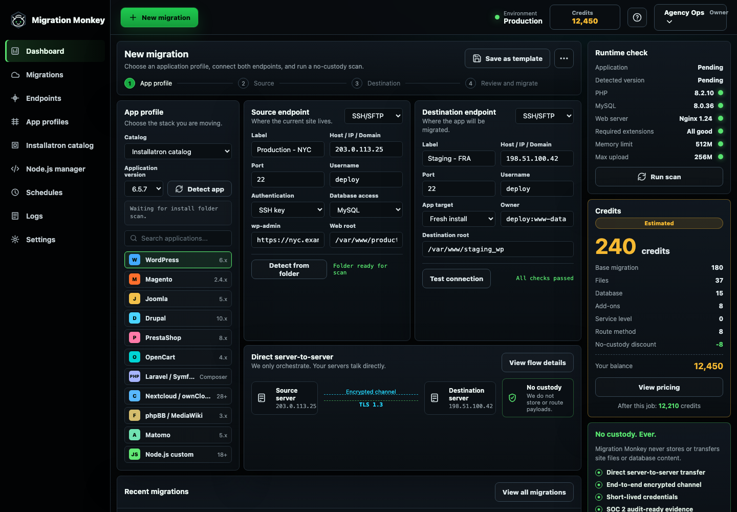 Migration Monkey app detection, source endpoint, destination endpoint, and credit estimate