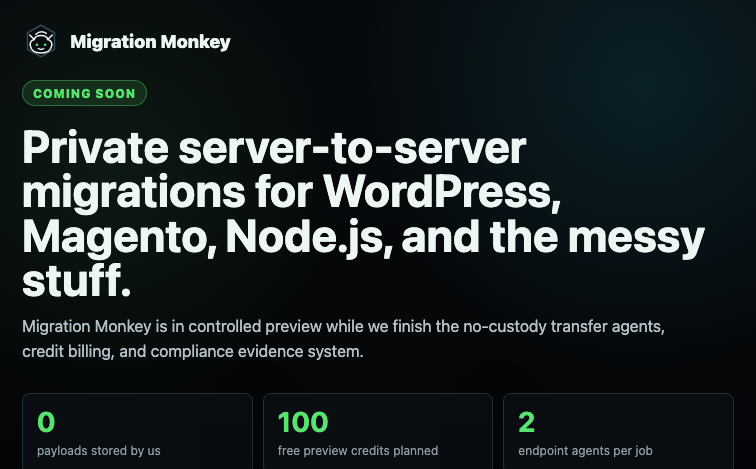 Migration Monkey dark-mode access gate for controlled preview website migrations