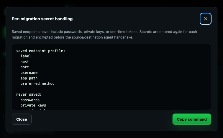 Migration Monkey per-migration secret handling showing saved endpoint fields and never-saved passwords
